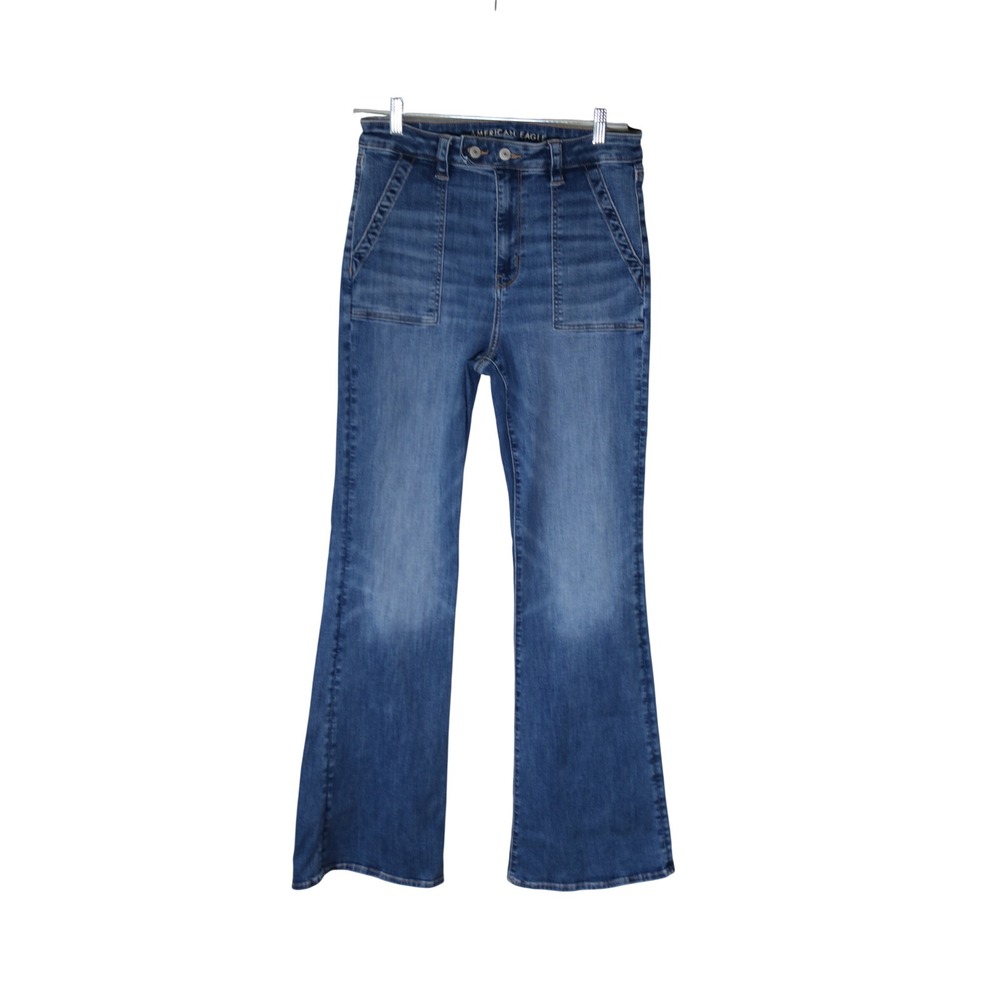 American Eagle Super High Rise Flare Jeans 12 X-Long Medium Wash Patch Pockets